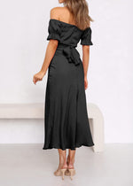 Load image into Gallery viewer, KIRUNDO Women&#39;s 2025 Summer Satin Midi Dress Off The Shoulder Wrap Ruched Wedding Guest Party Cocktail Formal Prom Dresses (Black, Medium)
