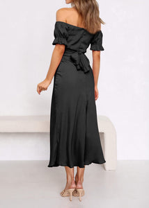 KIRUNDO Women's 2025 Summer Satin Midi Dress Off The Shoulder Wrap Ruched Wedding Guest Party Cocktail Formal Prom Dresses (Black, Medium)