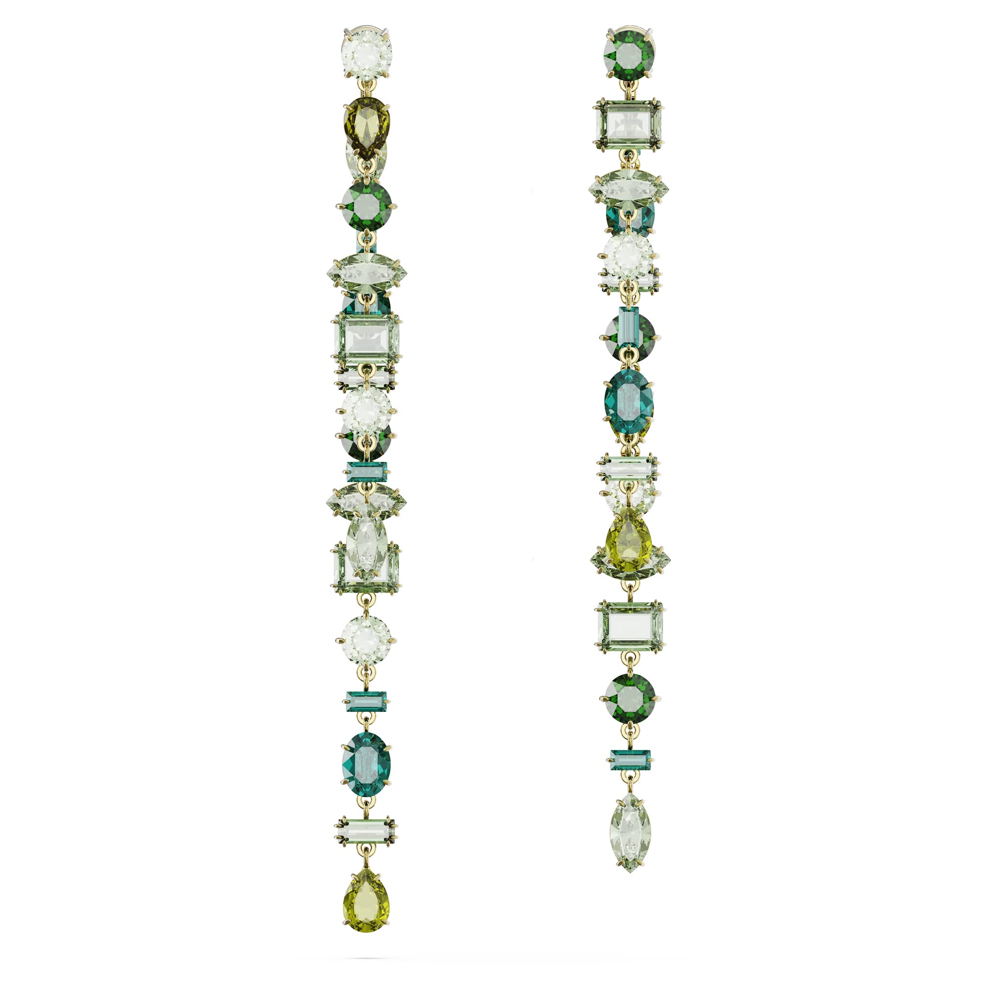 Swarovski Gema Drop Earrings, Asymmetrical design, Mixed cuts, Long, Green, Gold-tone Finish