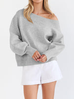 Load image into Gallery viewer, Saodimallsu Womens Off The Shoulder Sweater Long Sleeve Boat Neck Pullover 2025 Casual Trendy Loose Knit Tops Light Grey
