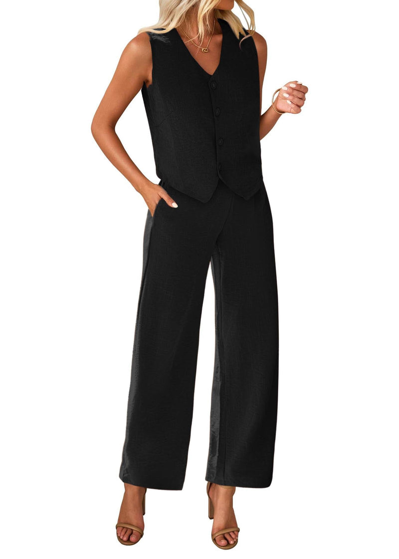 KIRUNDO Two Piece Summer Sets Sleeveless Vest Blazer Long Work Pants Suit Set Business Casual Clothes for Women Work Outfits Womens Fashion 2025(Black, Medium)