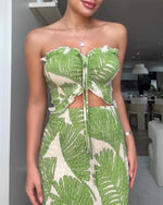 Load image into Gallery viewer, CHICME Floral Printed Prom Dress Drawstring Ruched Shirred Bandeau Party Dress Slim Fit Ruffle Hem Wedding Guest Dresses Green-M
