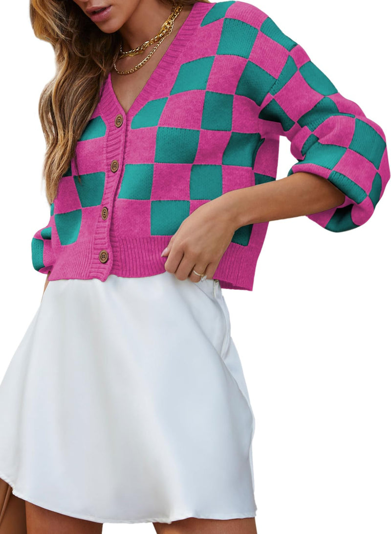 Dokotoo Cardigan Sweaters for Women Button Down Long Sleeve Cable Knit Checkered Cropped Sweater 2025 Winter V Neck Plaid Sweaters Fashion Cardigans Coats Outerwear Rose L