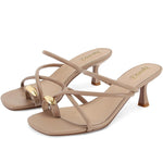 Load image into Gallery viewer, Dsevht Nude Strappy Kitten Heel Sandals Toe Ring Flip Flop Stiletto Low Short Thong Heels Slip On Square Open Toe Summer Dress Shoes for Women
