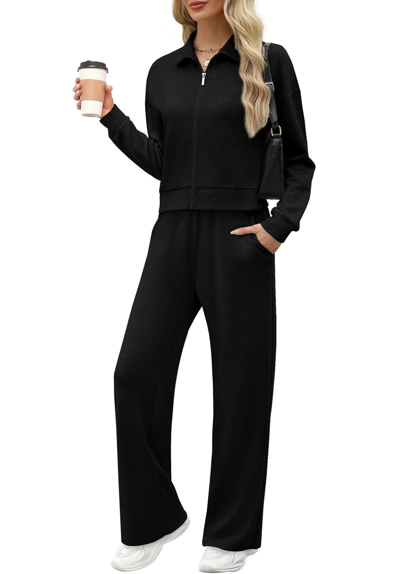 XIEERDUO Lounge Sets for Women 2025 Two Piece Beach Vacation Clothes Winter Essentials Luxury Women Fashion Zip Up Sweatshirt Sweatsuits Travel Outfits Wide Leg Sweatpant Black M