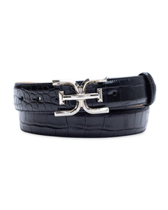 Sam Edelman Women's Double-E Logo Plaque Buckle Textured Jean and Trouser Belt, Black Croc, Medium