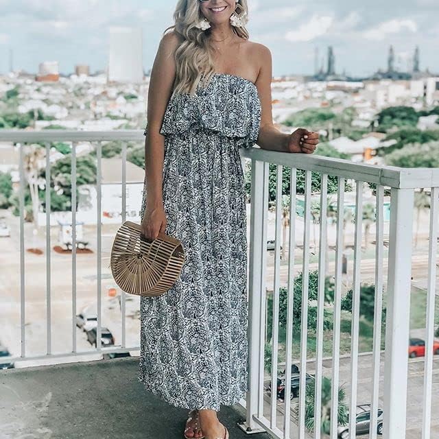 ZMPSIISA Women's Summer Off The Shoulder Maxi Dress Ruffle Strapless Blue White Porcelain Boho Casual Loose Long Dresses(A-Blue Porcelain,Medium)