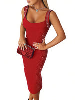 Load image into Gallery viewer, Womens Sexy Elegant Rhinestone Square Neck Sleeveless Bodycon Red Midi Dress Cocktail Party Club Night Out Dress Red-M
