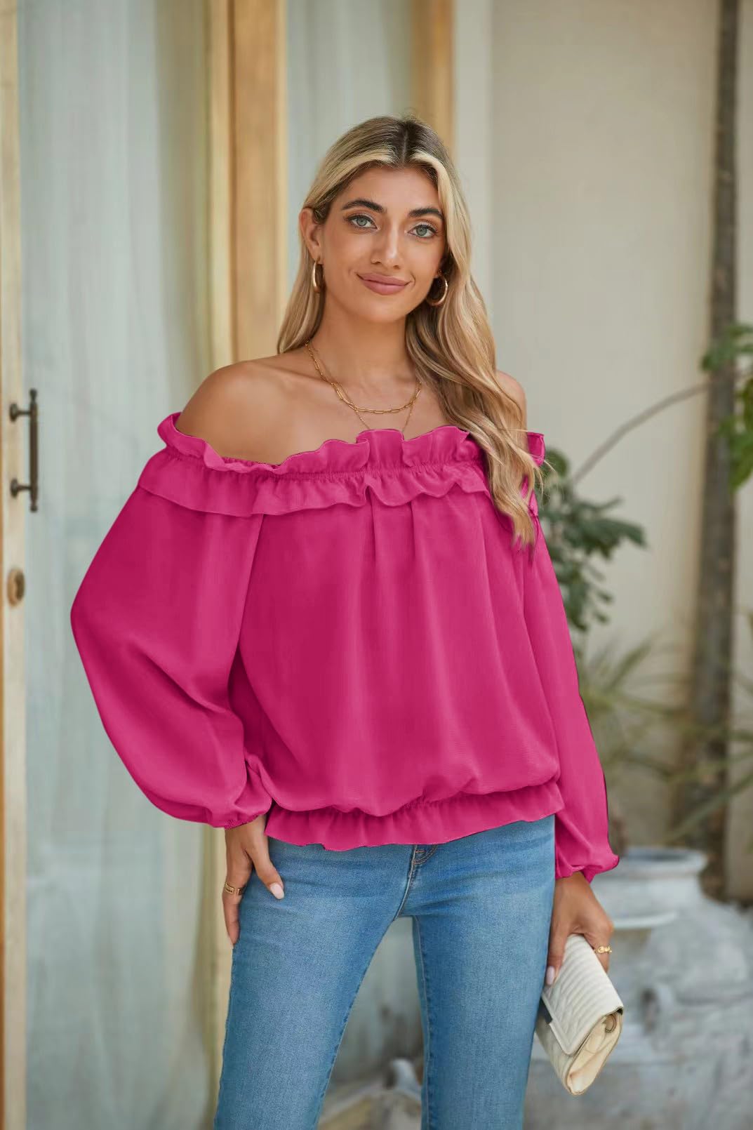 evnanic Off Shoulder Blouses for Women Long Sleeve Shirt Pleated Ruffle Flowy Blouses Spring Rose S