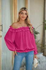 Load image into Gallery viewer, evnanic Off Shoulder Blouses for Women Long Sleeve Shirt Pleated Ruffle Flowy Blouses Spring Rose S
