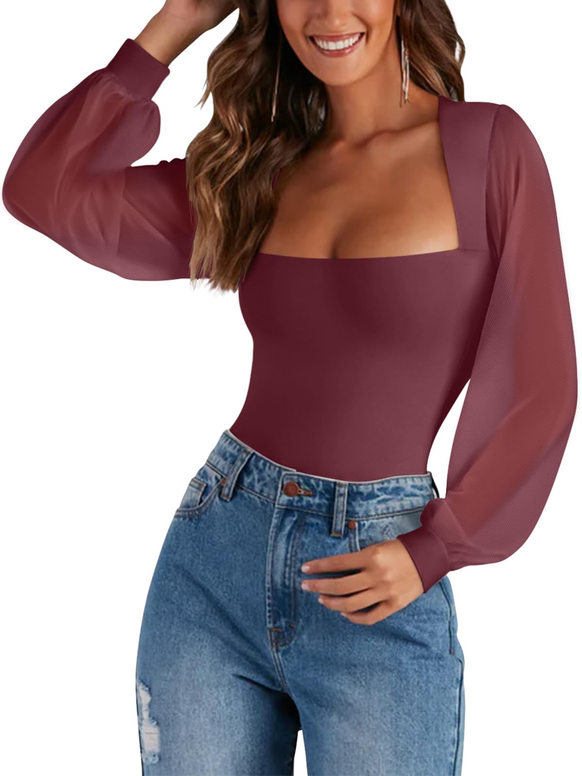 PINKMSTYLE Basic Square Neck Bodysuits for Women Fitted Double Lined Fall Tops Mesh Long Sleeve Shirts Trendy Going Out Tops Burgundy Medium