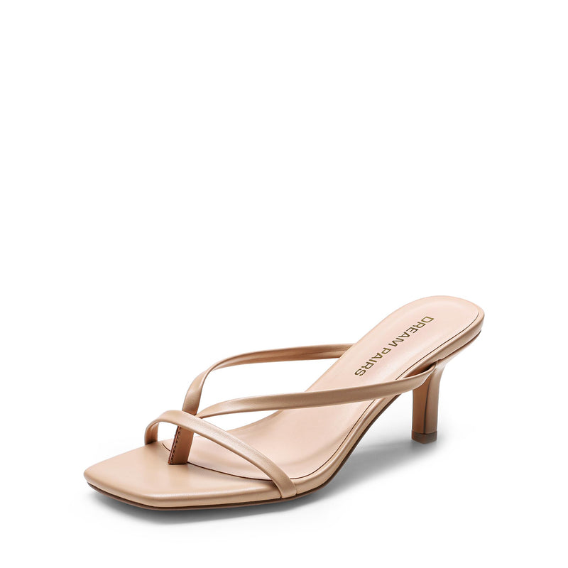 DREAM PAIRS Kitten Heels for Women Flip Flops Slip on Low Heels Open Square Toe Thong Heeled Strappy Sandals Slides Comfortable Dress Shoes,Size 9,Nude,DWUMFF2503