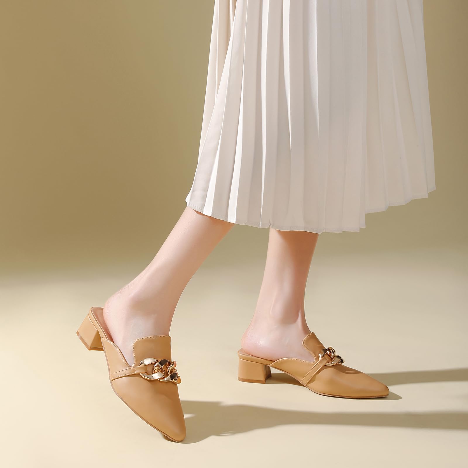 Tilocow Metal Chain Decor Mules Heels for Women Chunky Heeled Sandals Slip on Closed Toe Slides for Women Backless Mules Brown 8