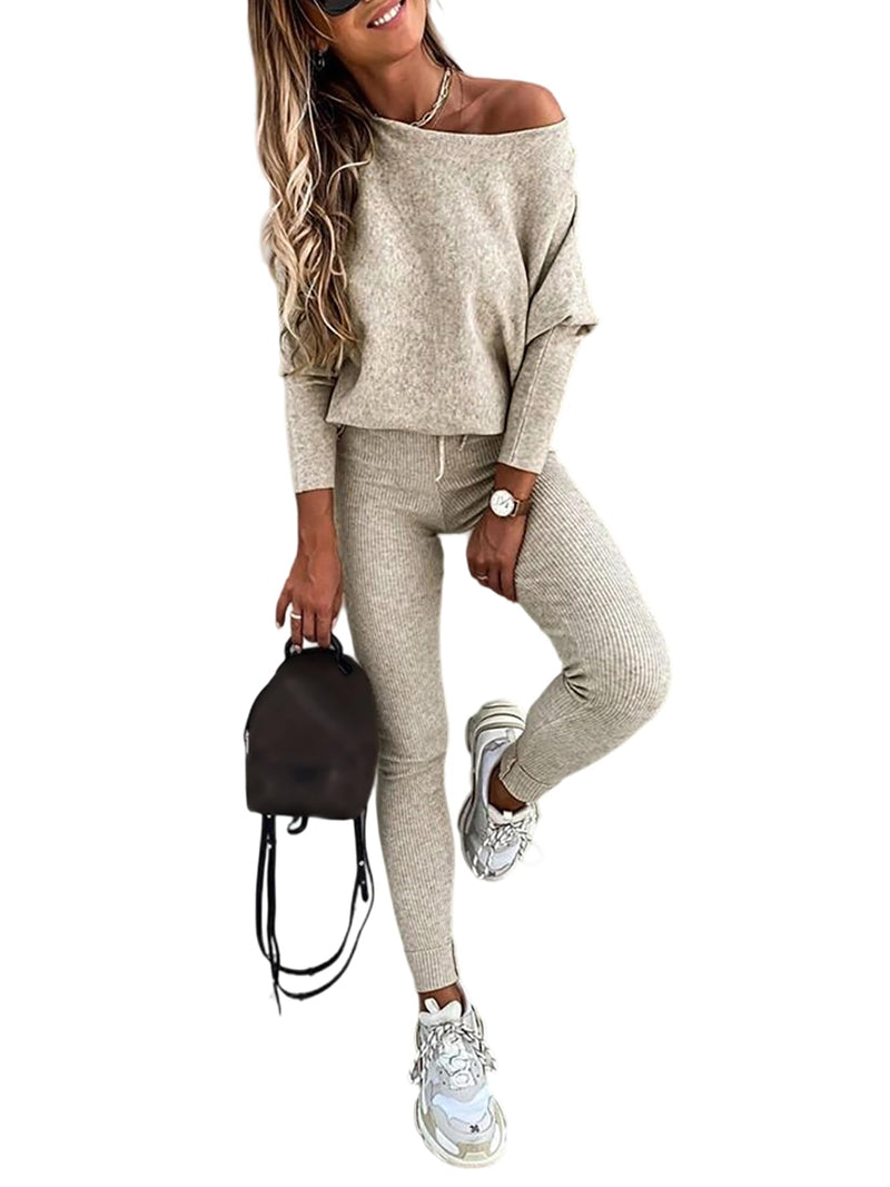 CHICME 2 Piece Lounge Outfit Long Sleeve Knit Pullover Tops Drawstring Pants Set Tracksuit Sweatsuit Beige-XL