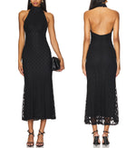 Load image into Gallery viewer, JLCNCUE Women's Elegant Halter Neck Floral Lace Mermaid Maxi Dress Sleeveless Open Back Cocktail Wedding Guest Dress 399(Large,Black)
