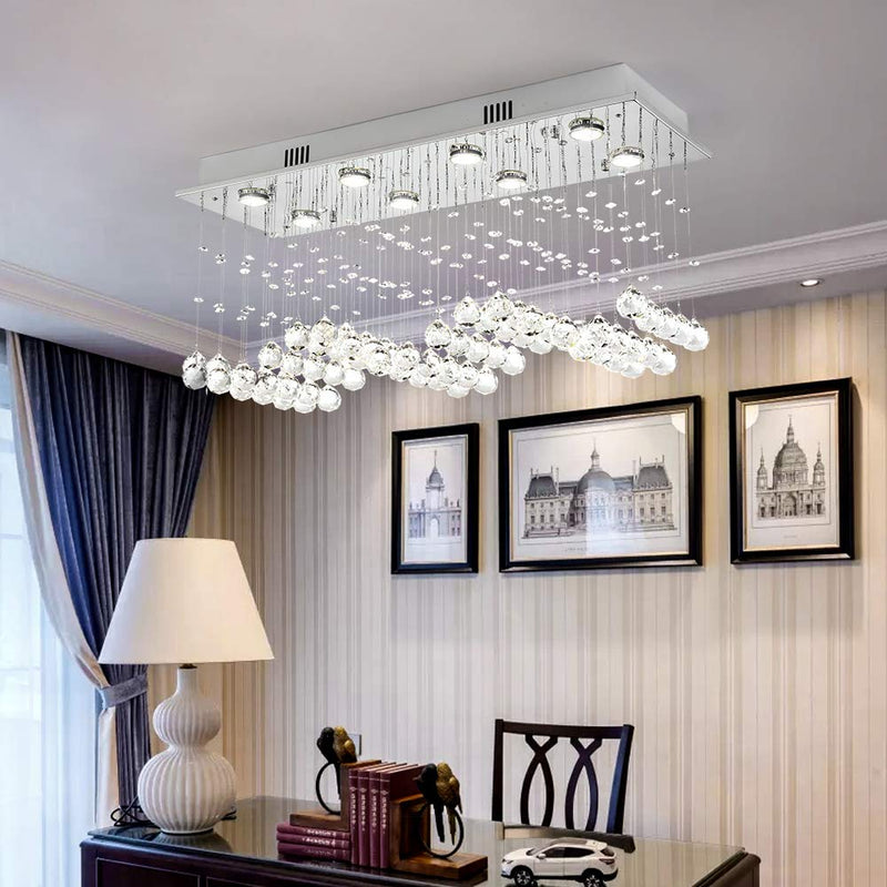 Maxax Rectangle Crystal Raindrop Chandelier, 8 Lights Modern Flush Mount Pendant Lighting, K9 Clear Ceiling Light Fixture, for Living Room, Bedroom, Dining Room, Kitchen Island