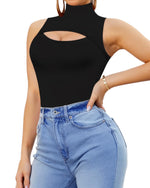 Load image into Gallery viewer, MANGOPOP Black Bodysuit Mock Neck Cutout Body Suit Sleeveless Tank Tops(Black,M)
