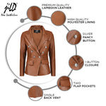 Load image into Gallery viewer, Jild Double Breasted Fancy Buttons Lambskin Leather Blazer Women - Kim Kardashian Long Sleeve Coat Style Leather Jacket Women (FC-Cognac-M)
