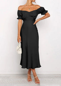 KIRUNDO Women's 2025 Summer Satin Midi Dress Off The Shoulder Wrap Ruched Wedding Guest Party Cocktail Formal Prom Dresses (Black, Medium)
