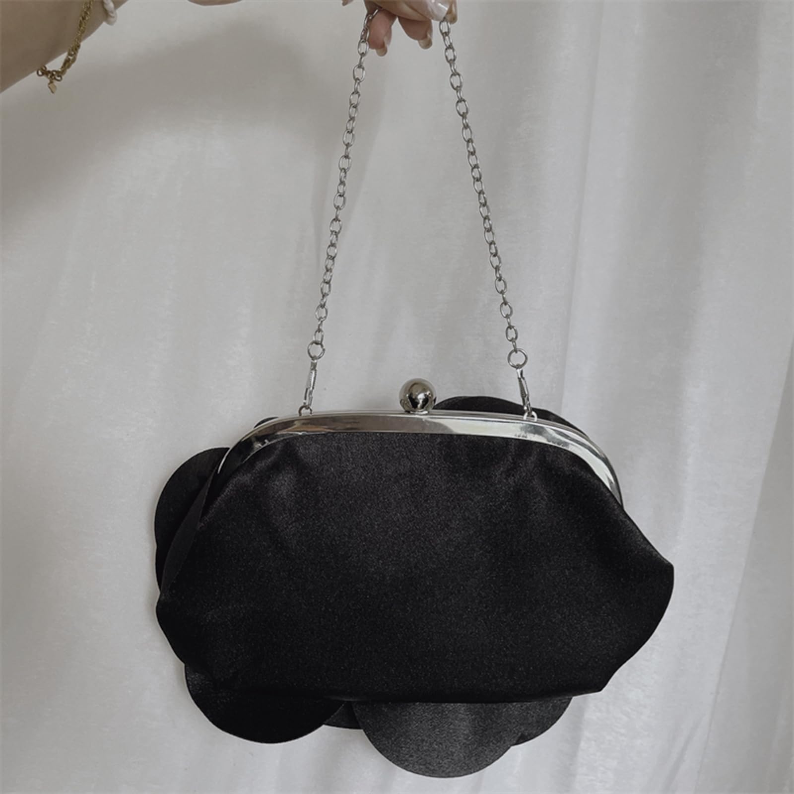 Little Floral Clutch Purse for Women - Elegant Rose Petal Evening Bag with Detachable Chain for Wedding, Gala, Prom, Black