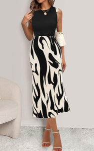 PRETTYGARDEN Womens Skirts Midi Length High Waist Zebra Print A Line Pleated Long Skirt Flowy Summer Stretch Maternity Skirt (Beige, Large)