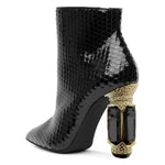 Load image into Gallery viewer, FSJ Women Chic Pointed Toe Crystal Chunky Block High Heel Ankle Boots Glossy Side Zipper Casual Daily Fashion Ladies Shoes Size 7 Black Snakeskin
