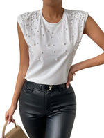 Load image into Gallery viewer, GORGLITTER Women's Pearl Beaded Top Blouses Casual Dressy Sleeveless Shoulder Pad Tee T-Shirt Going Out Outfits Solid White X-Large
