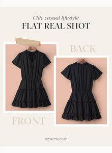 Dokotoo Womens Cute Spring Summer Casual Sexy Deep V Neck Ruffle Chiffon Lantern Short Sleeve Elegant Empire Waist Flowy Mini Short Skirt Dresses for Women Party 2025 Black US 8 10