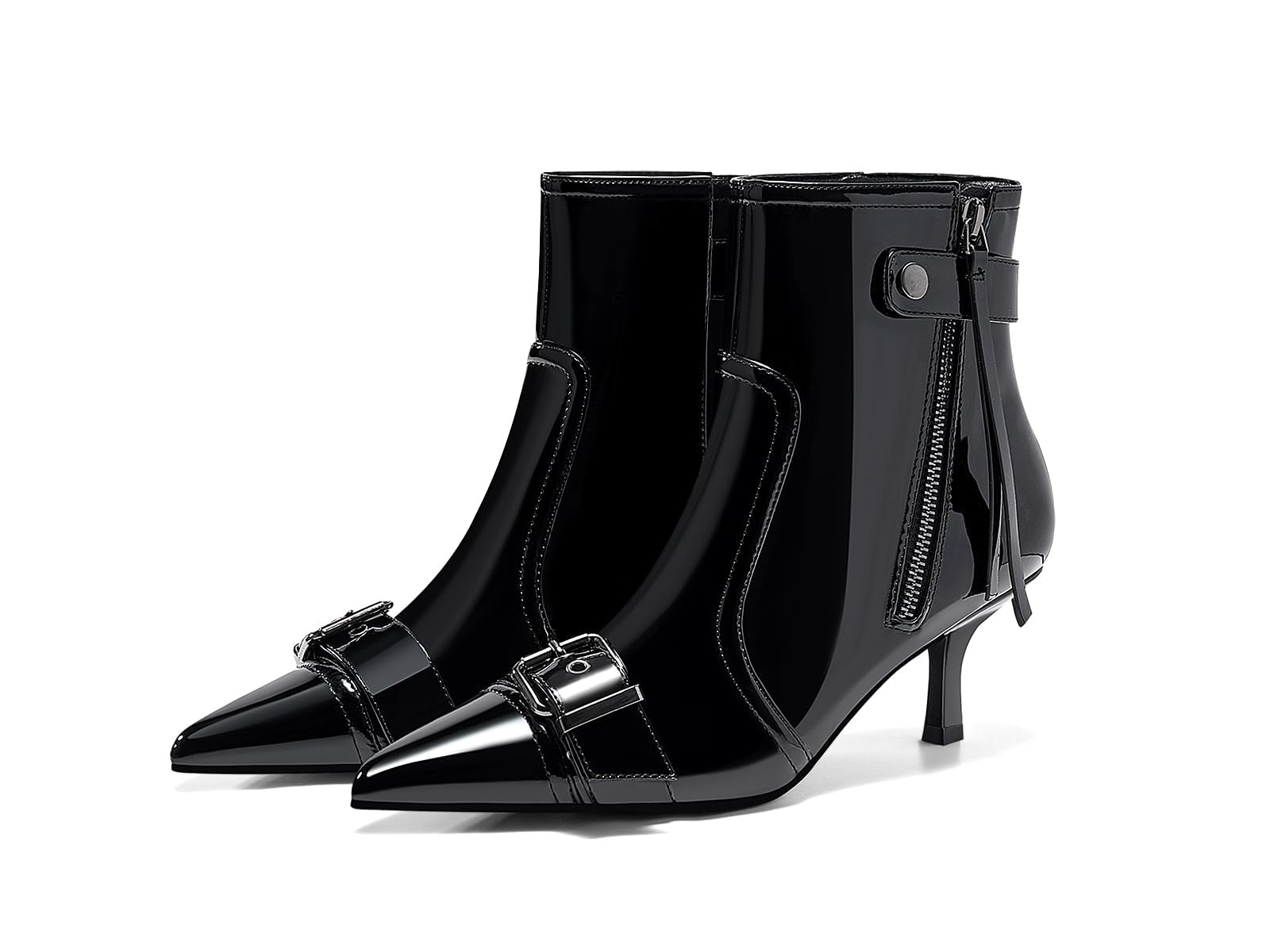 Coutgo Womens Kitten Heel Ankle Boots Pointed Toe Buckle Side Zipper Tassel Fall Winter Booties Shoes, Cool Black, Size 6.5