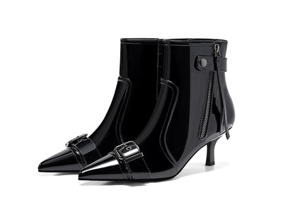 Coutgo Womens Kitten Heel Ankle Boots Pointed Toe Buckle Side Zipper Tassel Fall Winter Booties Shoes, Cool Black, Size 6.5