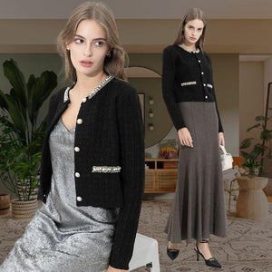 URBAN REVIVO Womens Cropped Cardigan Sweaters Open Front Casual Long Sleeve Knit Pearl Button Down Crew Neck Jacket 2025 Black, Medium