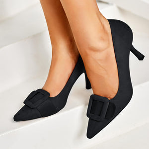 Coutgo Women's Pointed Toe Pumps Stiletto High Heels Slip on Elegant Wedding Pumps with Square Buckle