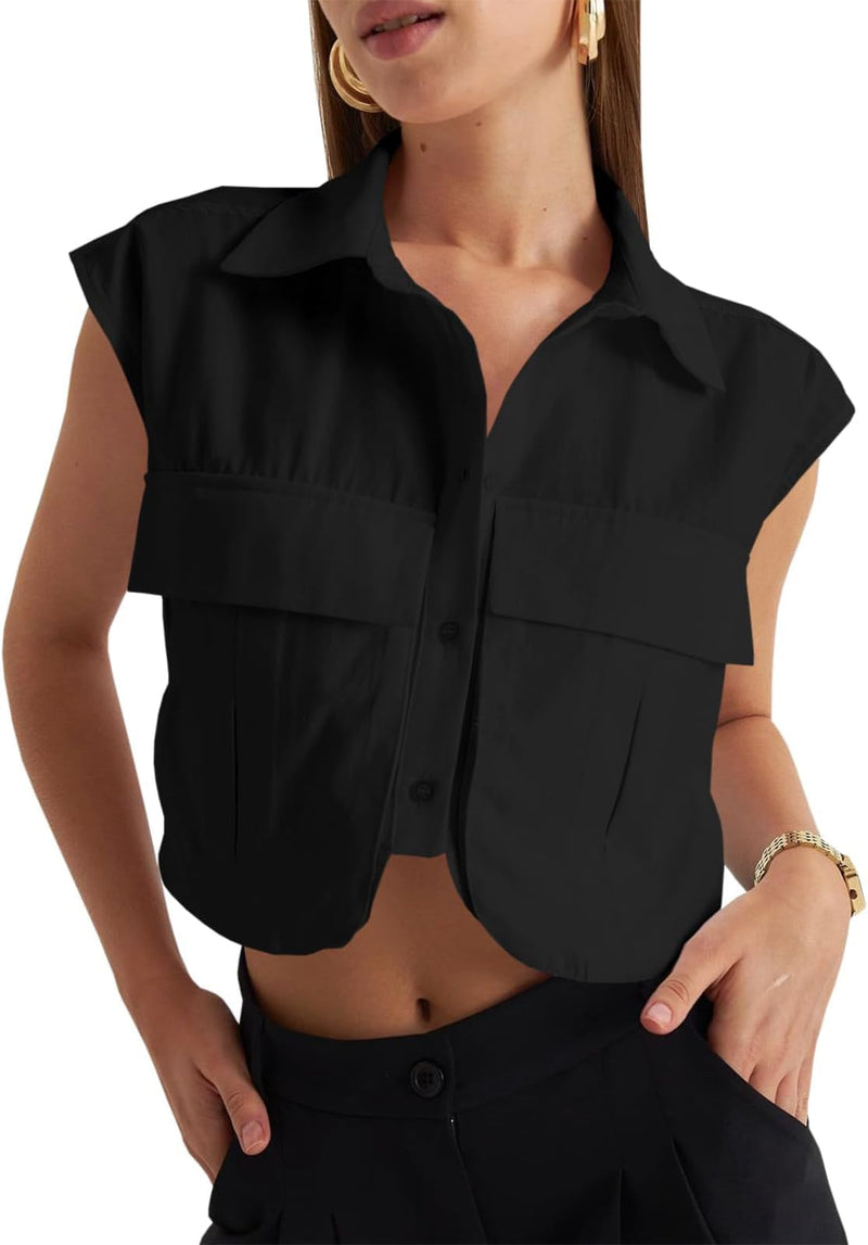 Tankaneo Womens Button Down Shirts Cute Summer Cap Sleeve Crop Tops Blouse Black