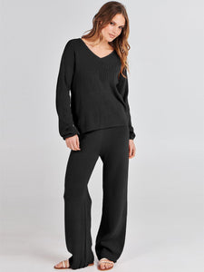 ANRABESS Women 2 Piece Outfits Sweater Lounge Sets Long Sleeve Cable Knit Pullover and Wide Leg Pants Tracksuit Matching Set Black Medium