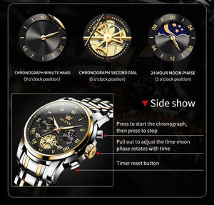 OLEVS Black Watches for Men Luxury Fashion Gold and Silver Stainless Steel Men's Wrist Watches Classic Nice Big Face Waterproof Quartz Men Watch with Day Two Tone Moon Phase Relojes para Hombres