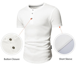 JMIERR Mens Muscle Slim Fit Button Henley Shirts Summer Crewneck Short Sleeve Longline Fitted T-Shirt Gym Workout Athletic Tee Shirt for Man, 2XL, White