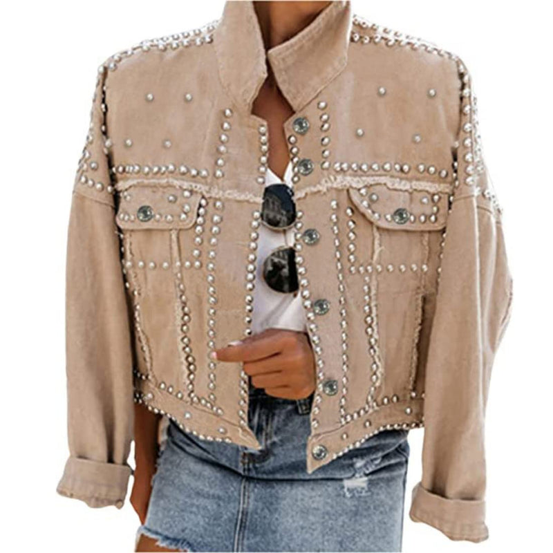 Omoone Women's Long Sleeve Rivet Studded Denim Jacket Casual Washed Pearl Short Jean Coat(2140-KhakiX1-L)