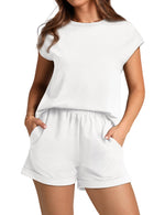 Load image into Gallery viewer, WIHOLL Two Piece Sets for Women Going Out Summer White Short Sleeve Shirts Loungewear Set Medium

