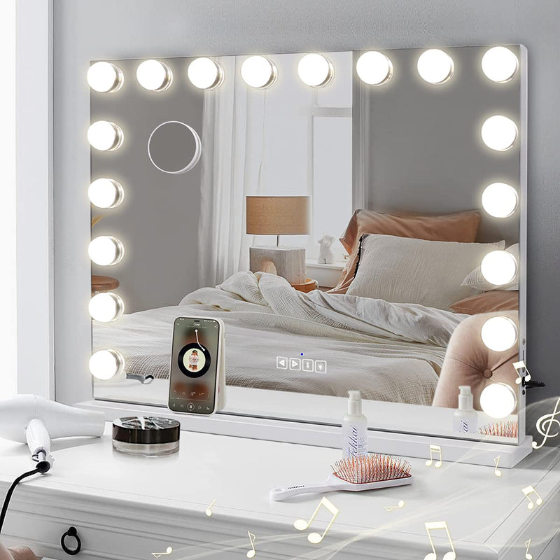COOLJEEN Large Hollywood Vanity Mirror with Lights Bluetooth 18 Dimmable LED Bulbs, 3 Color Modes Lighted Makeup Mirror with USB Charging Port