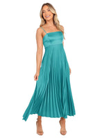 Load image into Gallery viewer, Fivsole Simple Aqua Wedding Guest Dress Formal Fall Midi Satin Pleated Dresses Adjustable Straps Bridesmaid Dress Size 0
