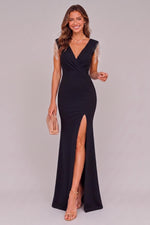 Load image into Gallery viewer, liher Womens Sexy V Neck Sleeveless Split Maxi Formal Dress with Rhinestone Fringe Cocktail Wedding Guest Prom Dresses, Black Large
