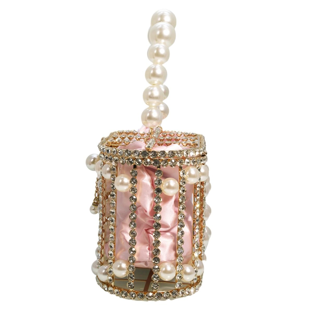 Tasysain Women Rhinestone Cage Bag Sparkling Hollow Pearl Evening Clutch Glitter Double-layer Detachable Basket Handbag, Pink