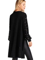 Load image into Gallery viewer, Floerns Women's Open Front Pearl Beading Lantern Sleeve Sweater Long Cardigan A Black L
