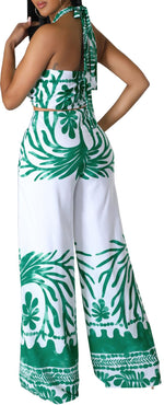 Load image into Gallery viewer, Two Piece Outfits for Womens Summer Boho Tropical Sexy Halter Criss Cross Crop Tops High Waist Straight Long Pants Beach Sets Cover Ups Swimsuit(Small)
