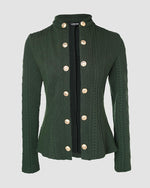 Load image into Gallery viewer, CHICME Women Argyle Cable Cardigan Casual Lightweight Cropped Coat Stand Collar Long Sleeve Metal Button Front Fall Green Jackets-M
