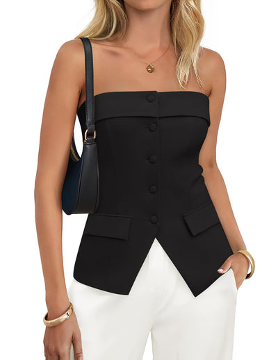 ZESICA Women's 2025 Trendy Strapless Blazer Vests Summer Dressy Tube Vest Tops Elegant Clothes,Black,Medium