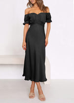 Load image into Gallery viewer, KIRUNDO Women&#39;s 2025 Summer Satin Midi Dress Off The Shoulder Wrap Ruched Wedding Guest Party Cocktail Formal Prom Dresses (Black, Medium)
