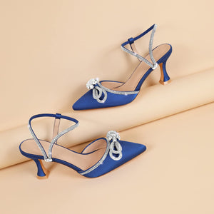 Susanny Women's Wedding Shoes Blue Bow Heels Sparkly Closed Toe Strappy High Heels Sexy Rhinestone Ankle Strap Pumps Bridal Party Dress Shoes 8