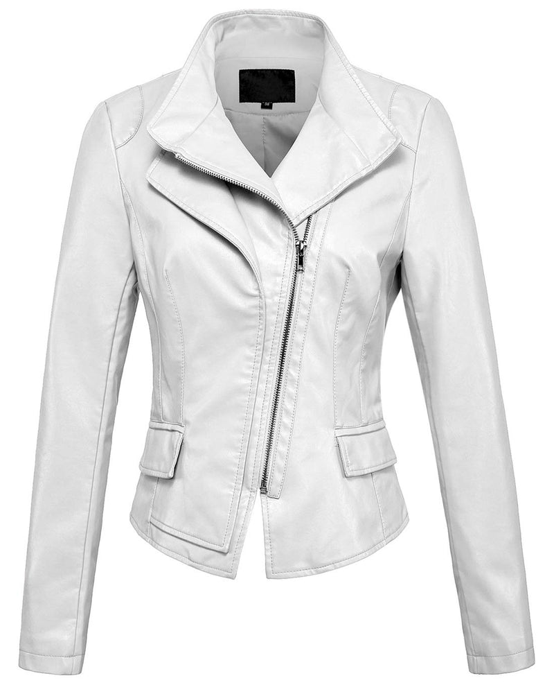 chouyatou Women's Stylish Oblique Zip Slim Faux Leather Biker Outerwear Jacket (Medium, White)