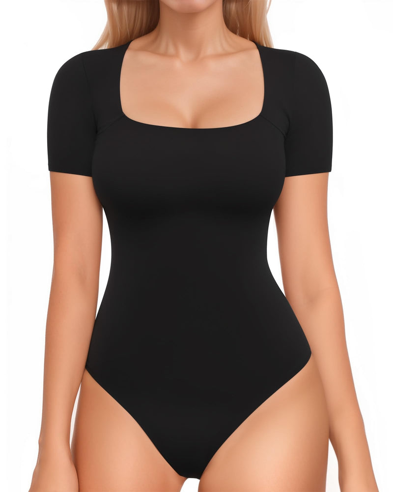 MANGOPOP Double Lined Square Neck Short Sleeve Bodysuit for Women Thong Bodysuits Second Skin Collection